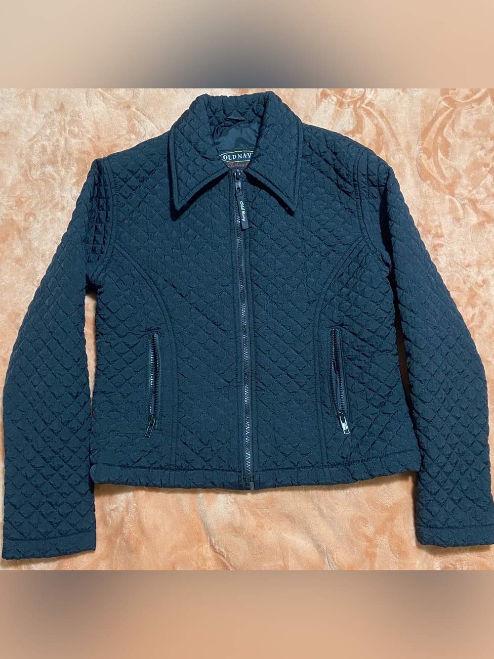 Old Navy Clothing Co Vintage Quilted Womens Zip Up Coat Diamond Stitch Black S